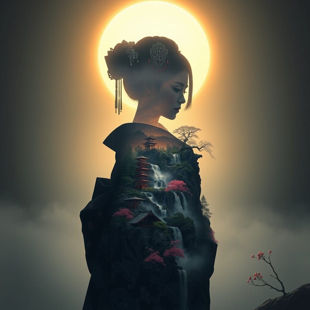 Mysterious Geisha in a Vibrant, Dreamlike Japanese Landscape