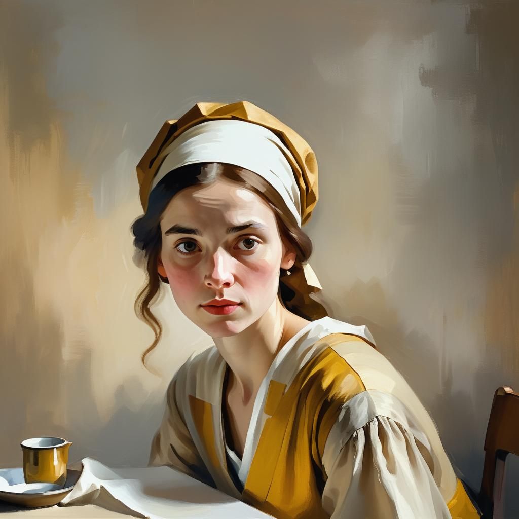 Woman at Table in Soft Light: Oil Painting