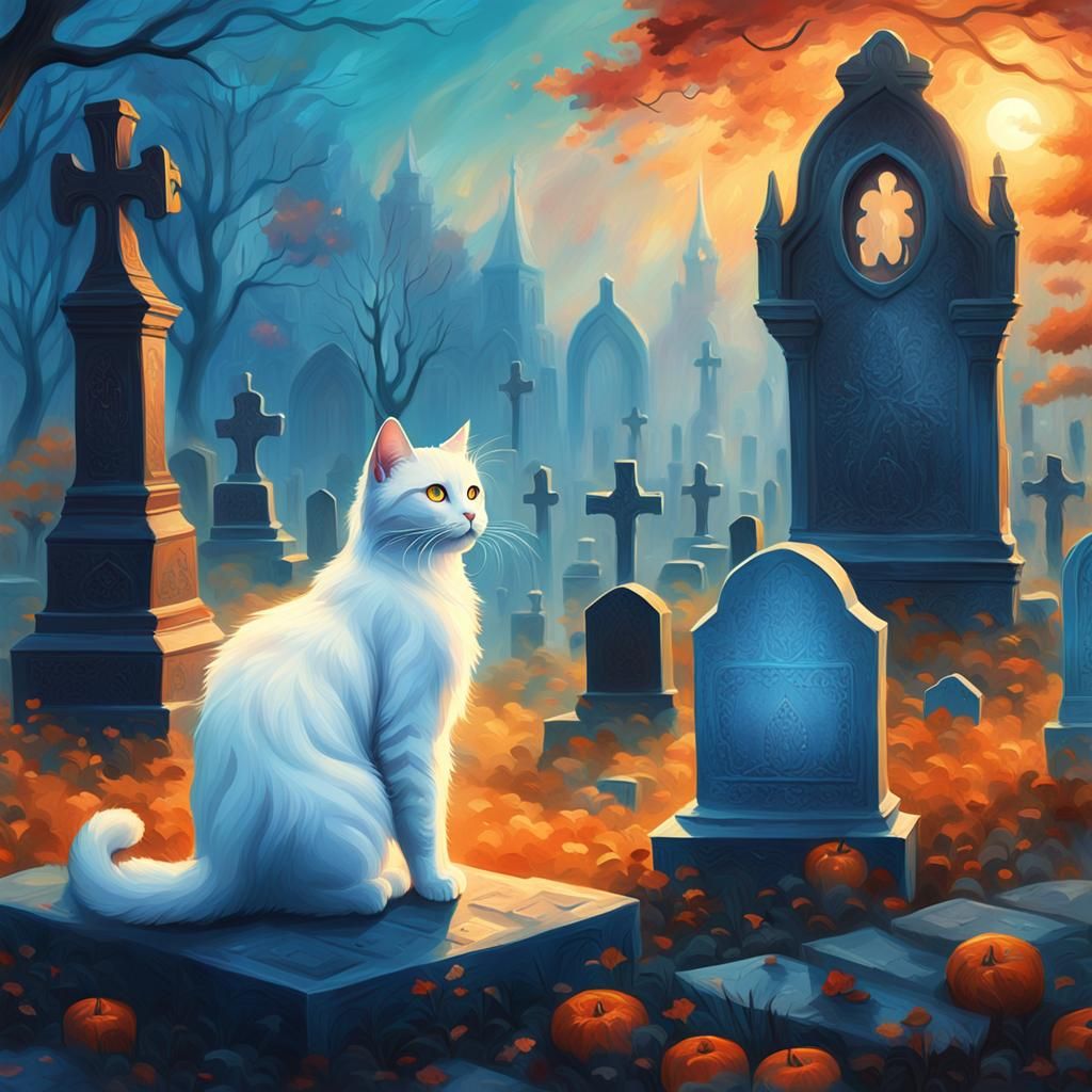 White Cat in Graveyard: Whimsical Oil Painting