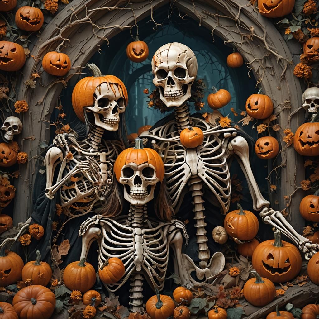 Skeletal Family in Pumpkin: Detailed Digital Painting