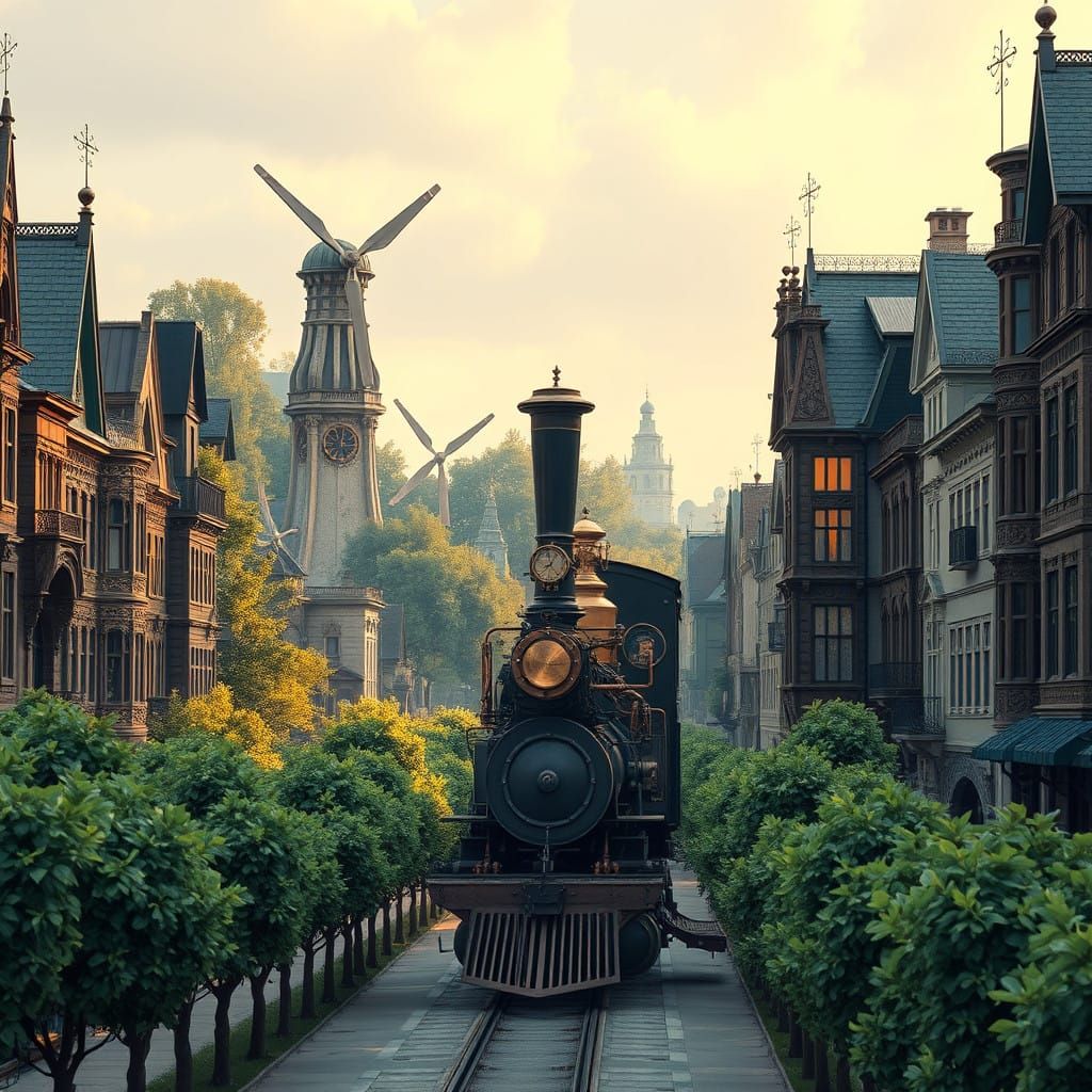 Steampunk Cityscape with Sustainable Energy Towers