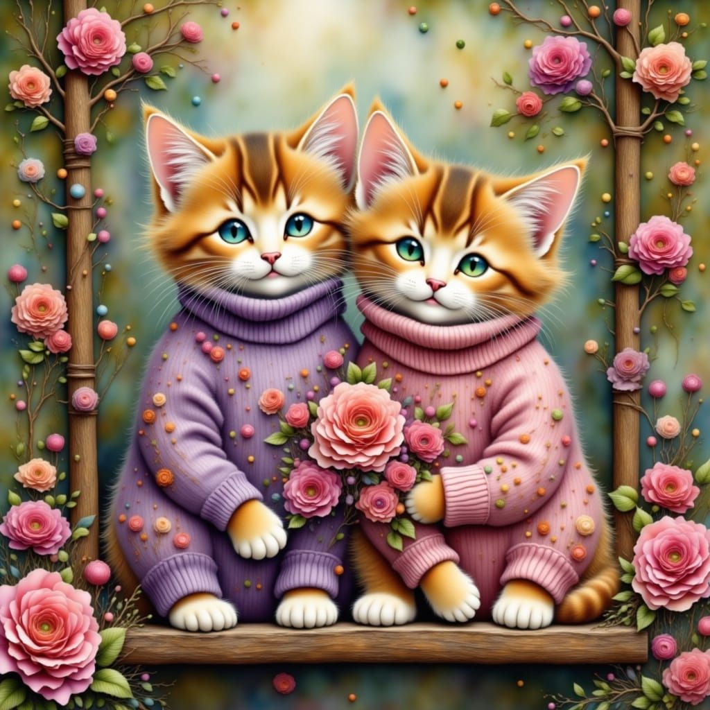 Two Adorable Kittens in Floral Sweaters on Swing