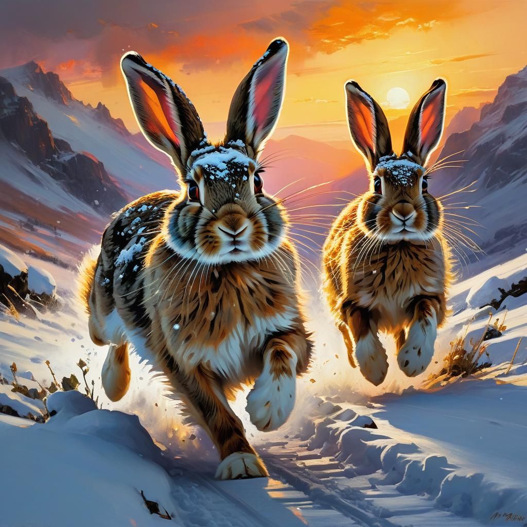 Jack Rabbits Running in Snowy Mountainside Painting