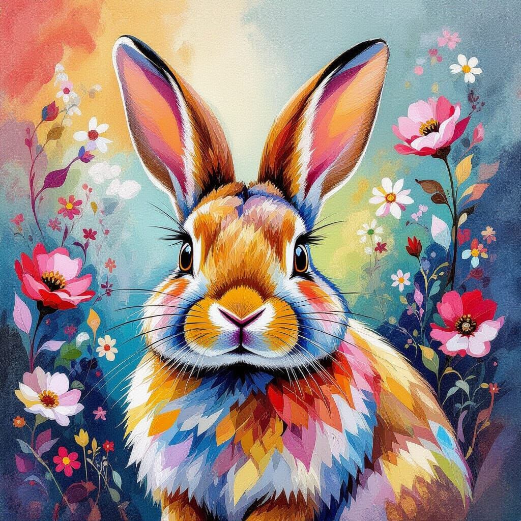 Vibrant Watercolor Rabbit Portrait with Nature Motifs
