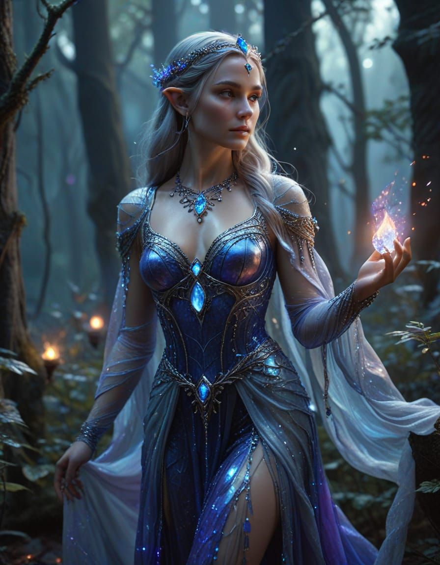 Elven Princess in Moonstone Gown with Forest Glow