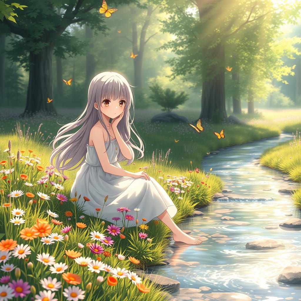 Serene Anime Girl in Sunlit Meadow