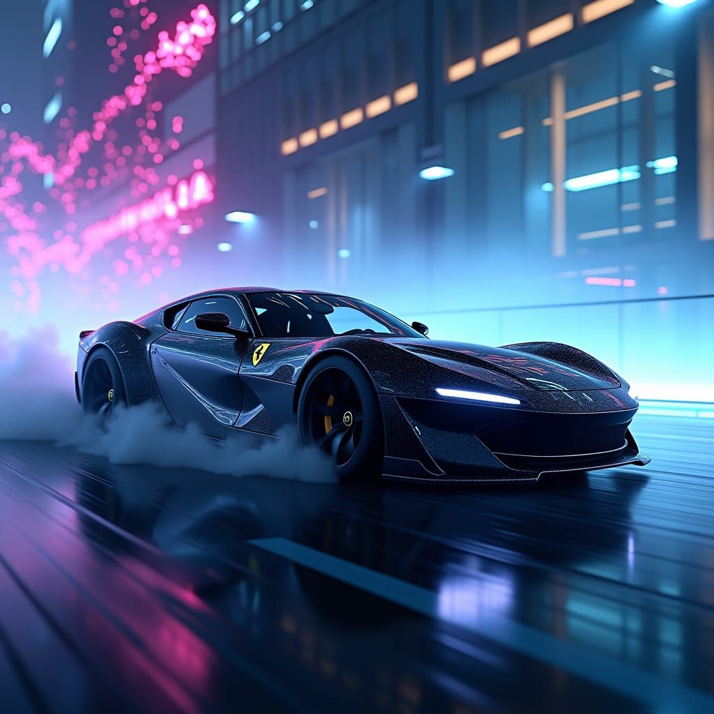 Ferrari Black Edition in Neon Cityscape