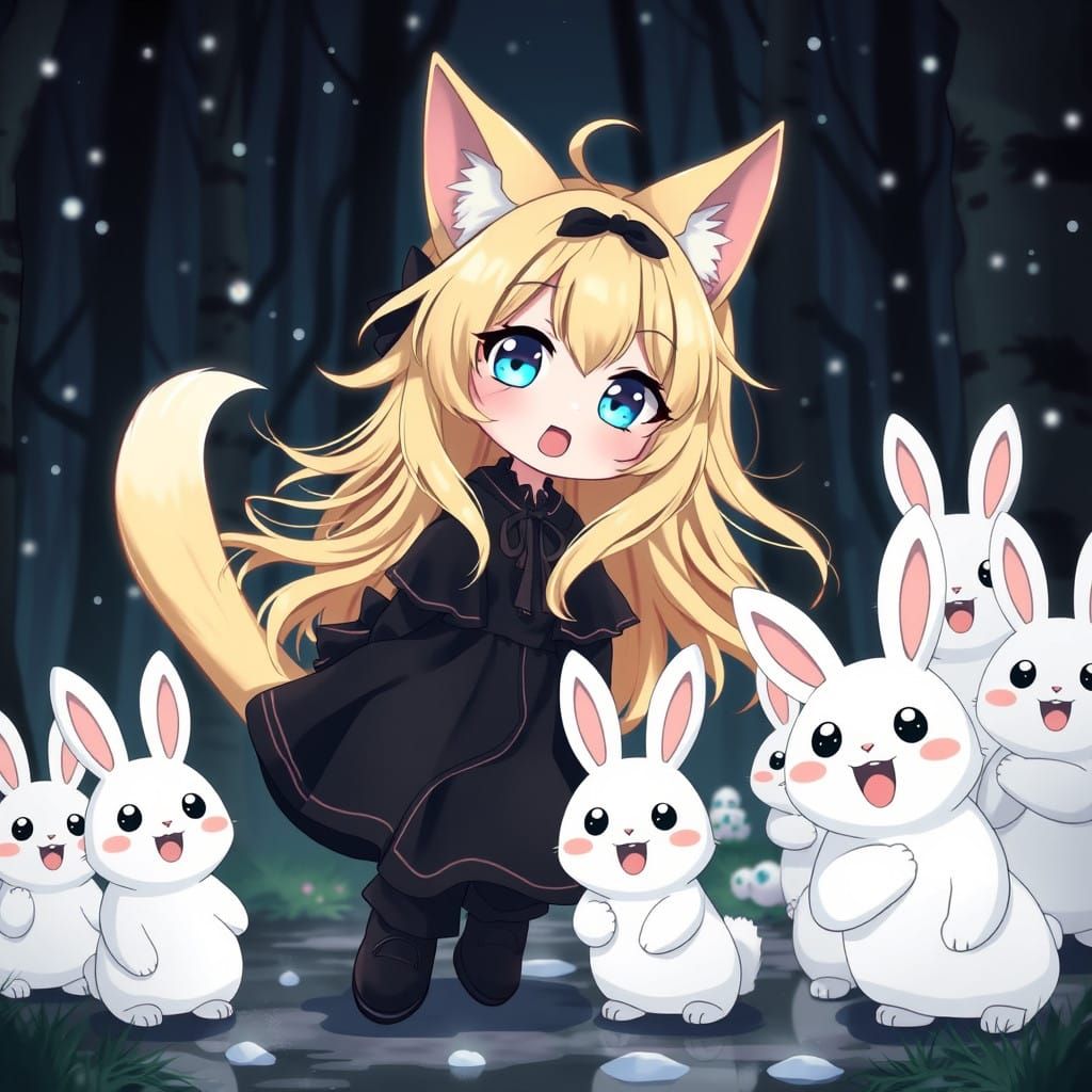Anime Kitten Goddess Dances with Rabbits Under Starry Dusk S...