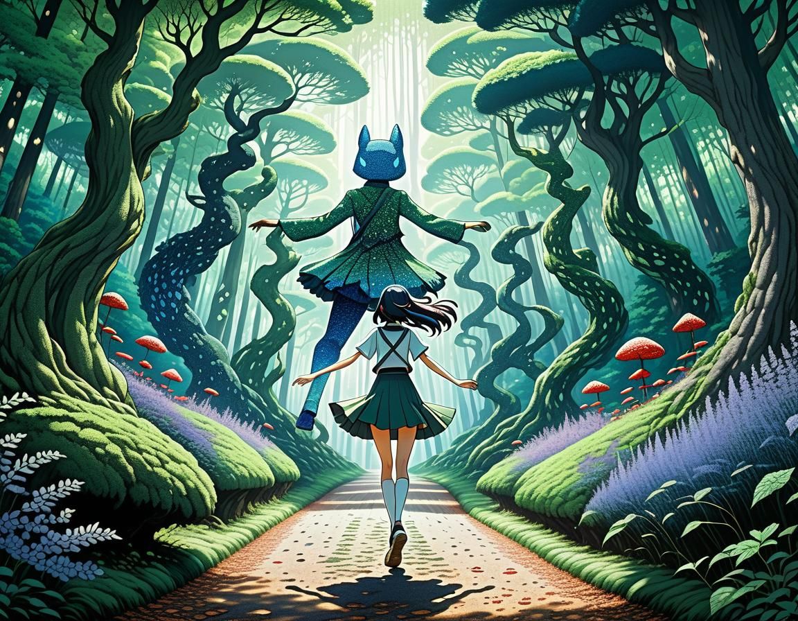 Anime Girl Dancing with Elemental Creatures in Pointillism