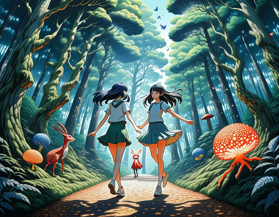 Anime Girl Dances with Elementals in Miyazaki Style