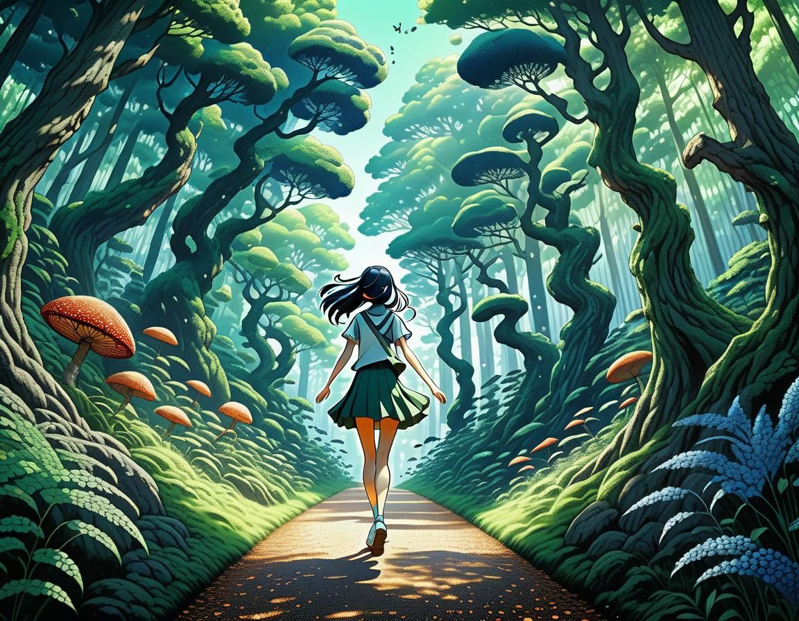 Anime Girl Dances with Forest Elementals in Pointillism