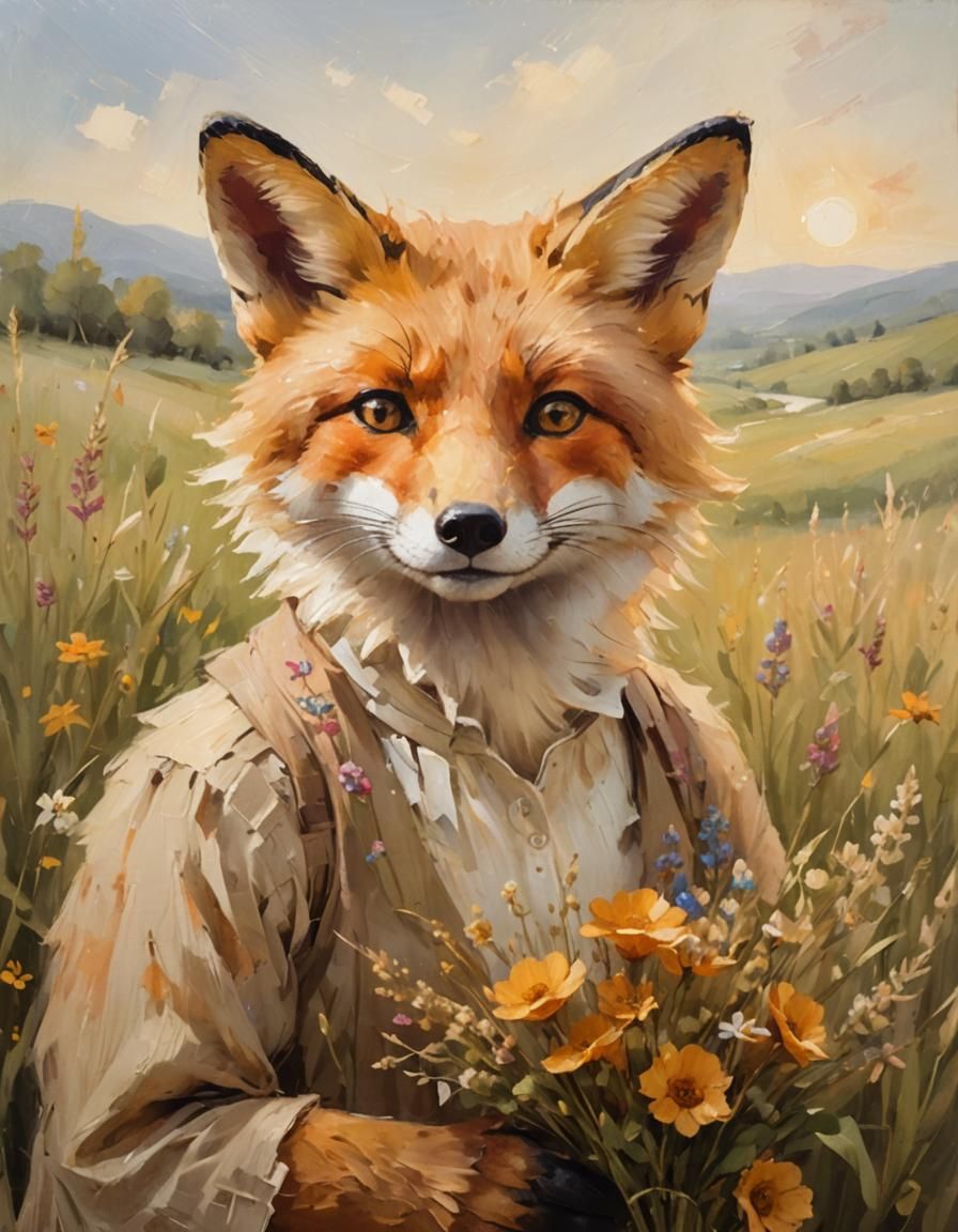 Charming Fox with Wildflowers, Oil Painting