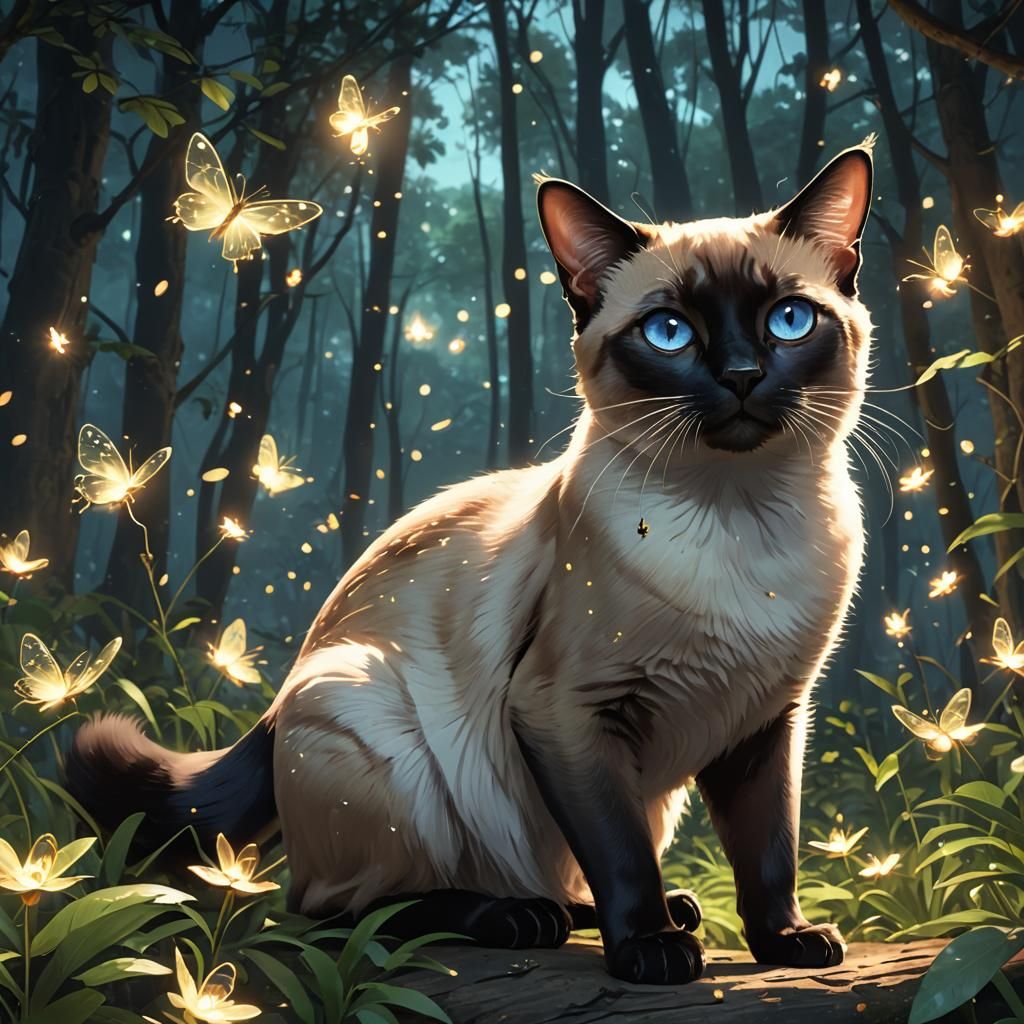 Siamese Cat in Forest with Fireflies in Anime Style