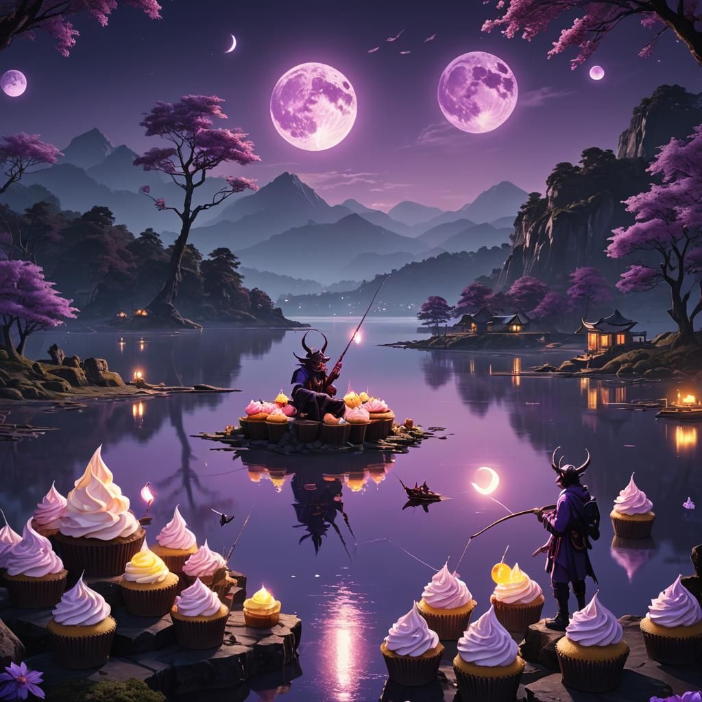 Demons Fishing Under Purple Moon: Anime-Inspired 3D Art