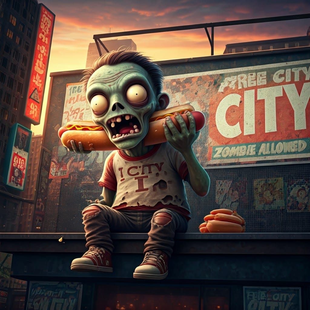 Surreal City Billboard Features Happy Zombie Enjoying Hotdog...