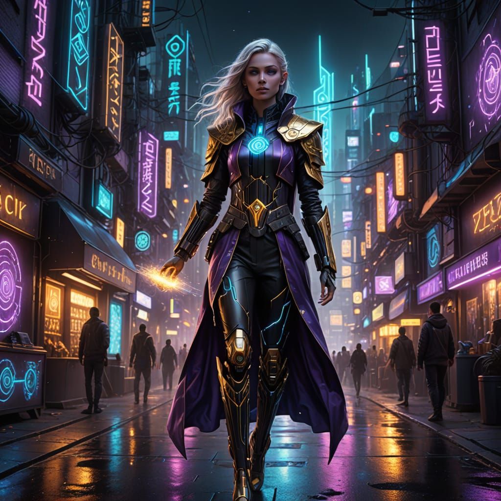 Cyberpunk Elf Roboticist Casting Spell on City Street