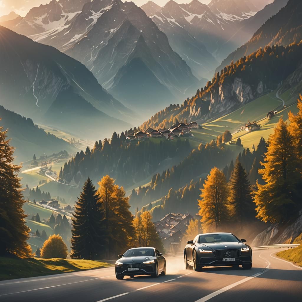 Luxury Car in Swiss Alps: Soft Focus Concept Art