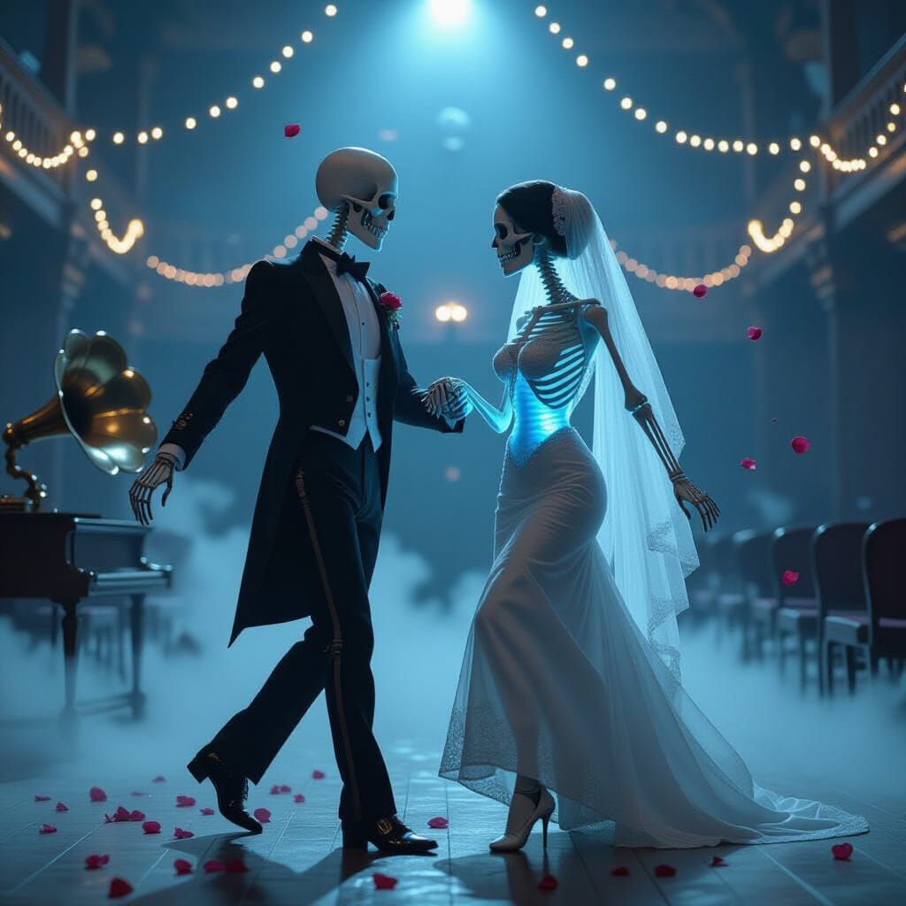Elegant Skeletal Couple Waltzing in Foggy Ballroom