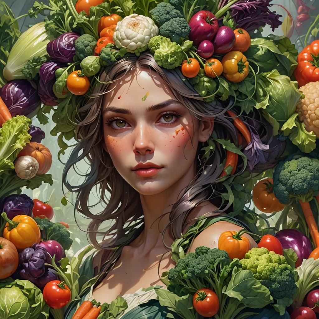 Vegetable Girl Portrait in Hyperdetailed Style