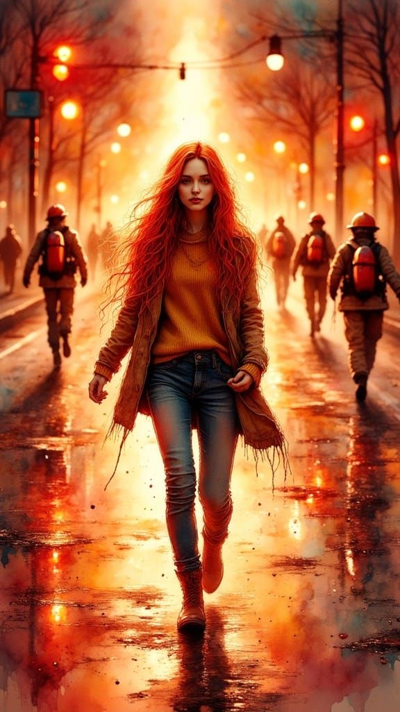 Fiery Redhead Girl Walks Street Leaving Trail