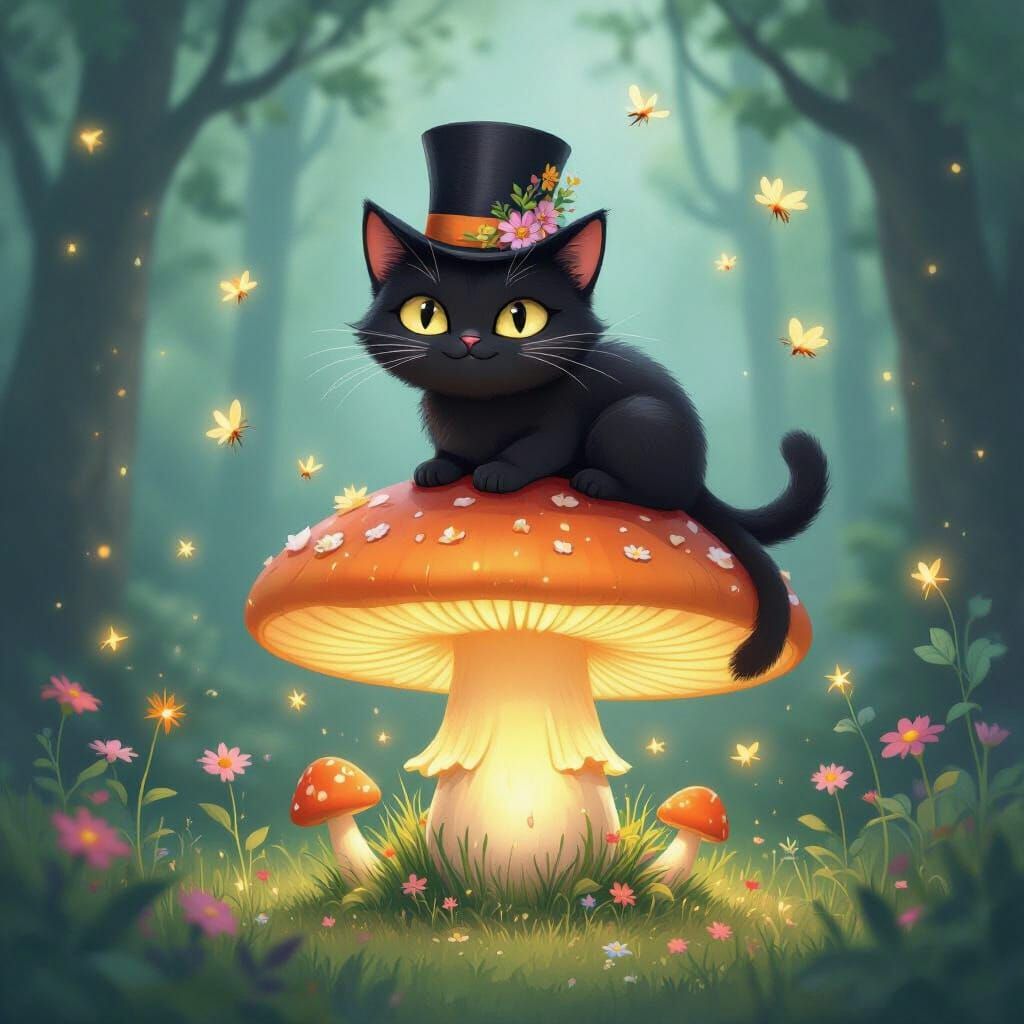 Whimsical Black Cat on Mushroom, Ghibli Art Nouveau Style