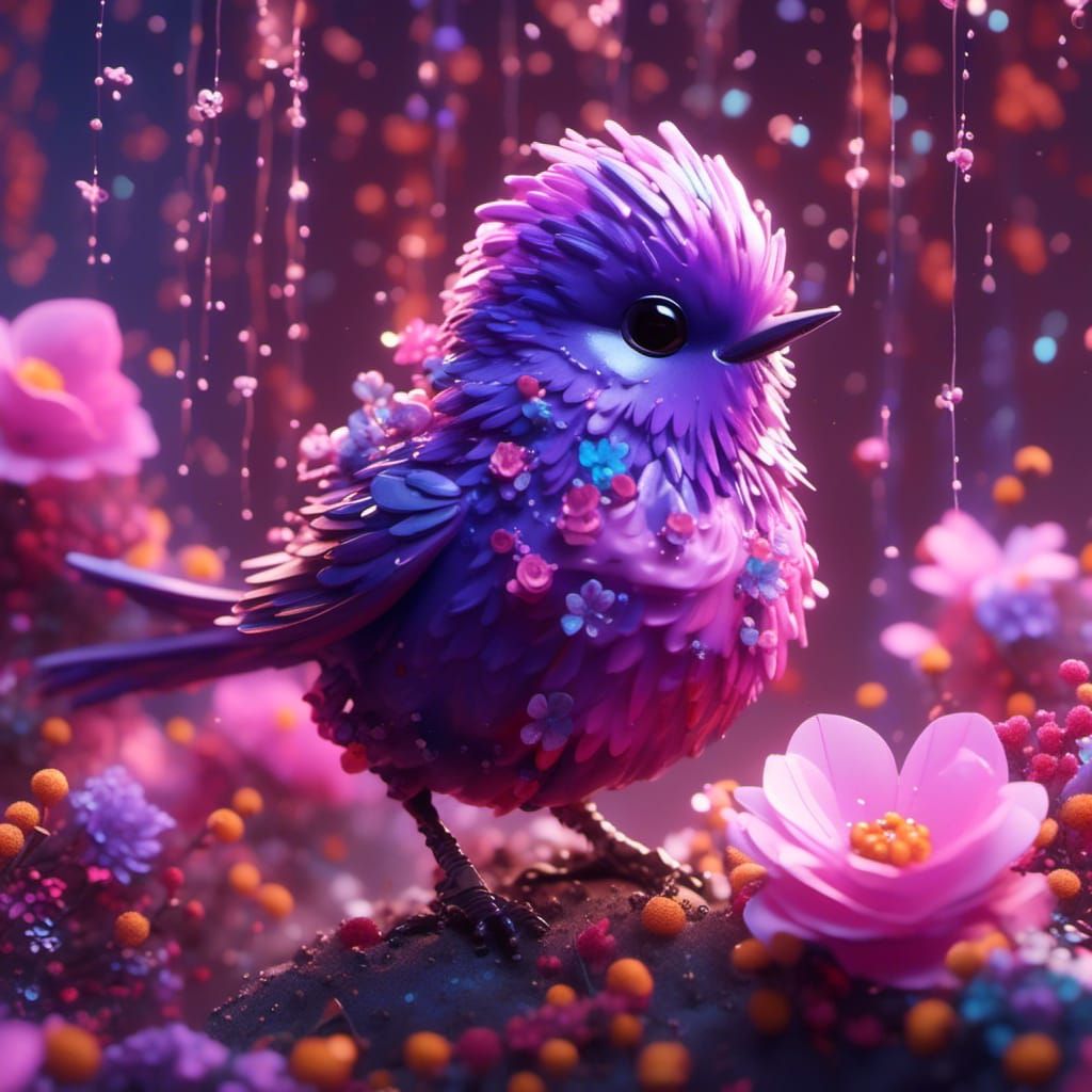 Sparkling Bird and Flowers in Pastel Colors