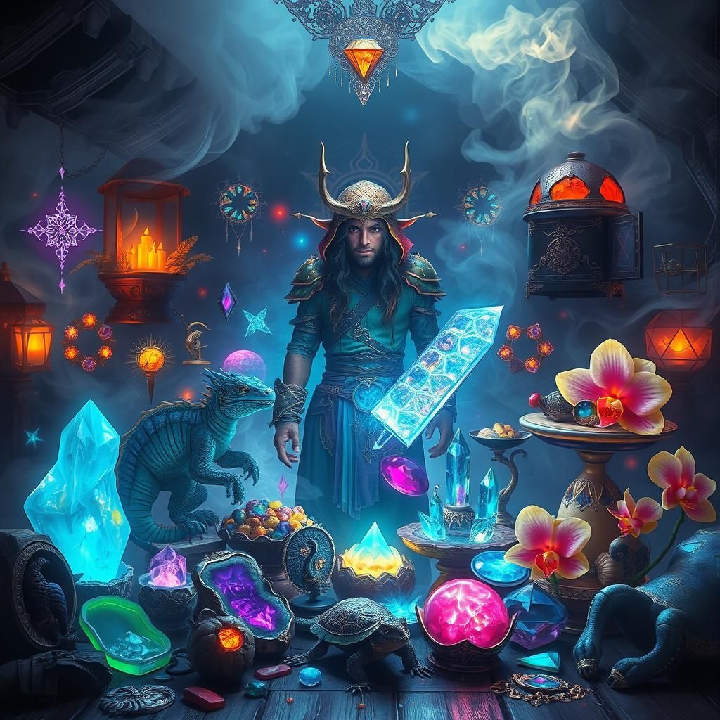 Mystical Adventurer Surrounded by Fantasy Treasures
