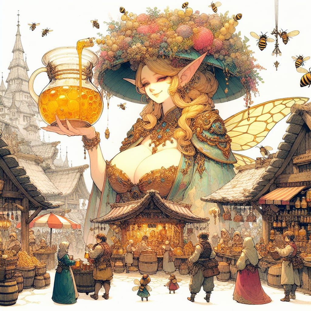 Majestic Giant Elf Woman Sells Whimsical Mead in Vibrant Med...