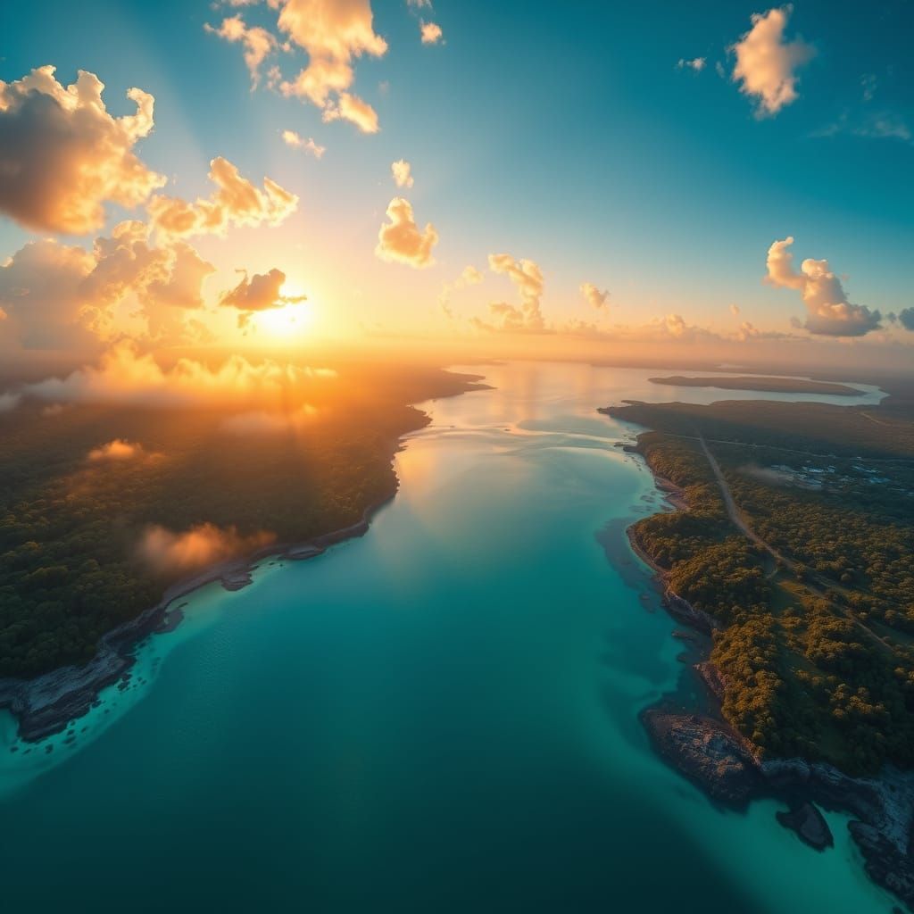 Belize Sunrise Panorama: River, Reef, and Punta Gorda
