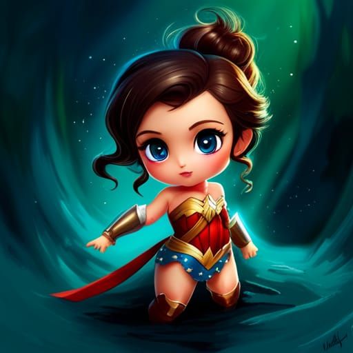 Adorable Chibi Wonder Woman in Oil Gouache Style
