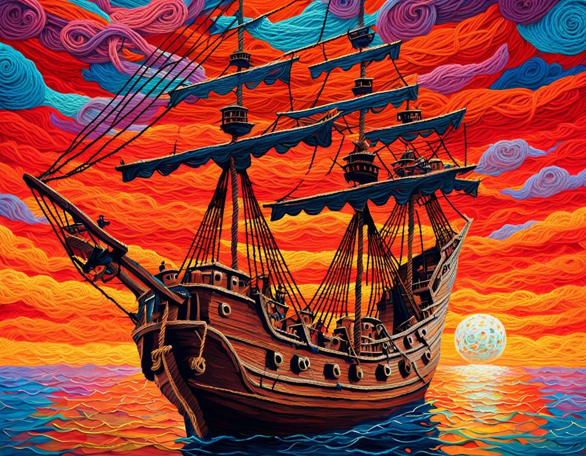 Twine Galleon Sails Yarn Sea: Surreal Oil Painting
