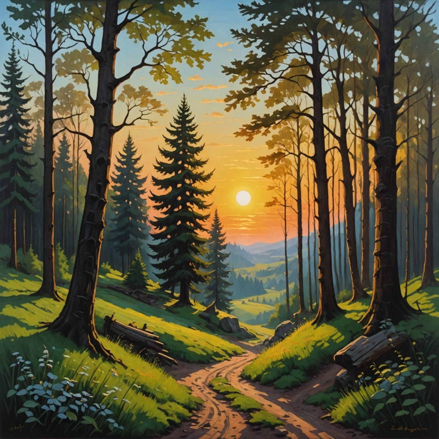 Colorful Medieval Forest Sunrise in Chiaroscuro Oil Painting