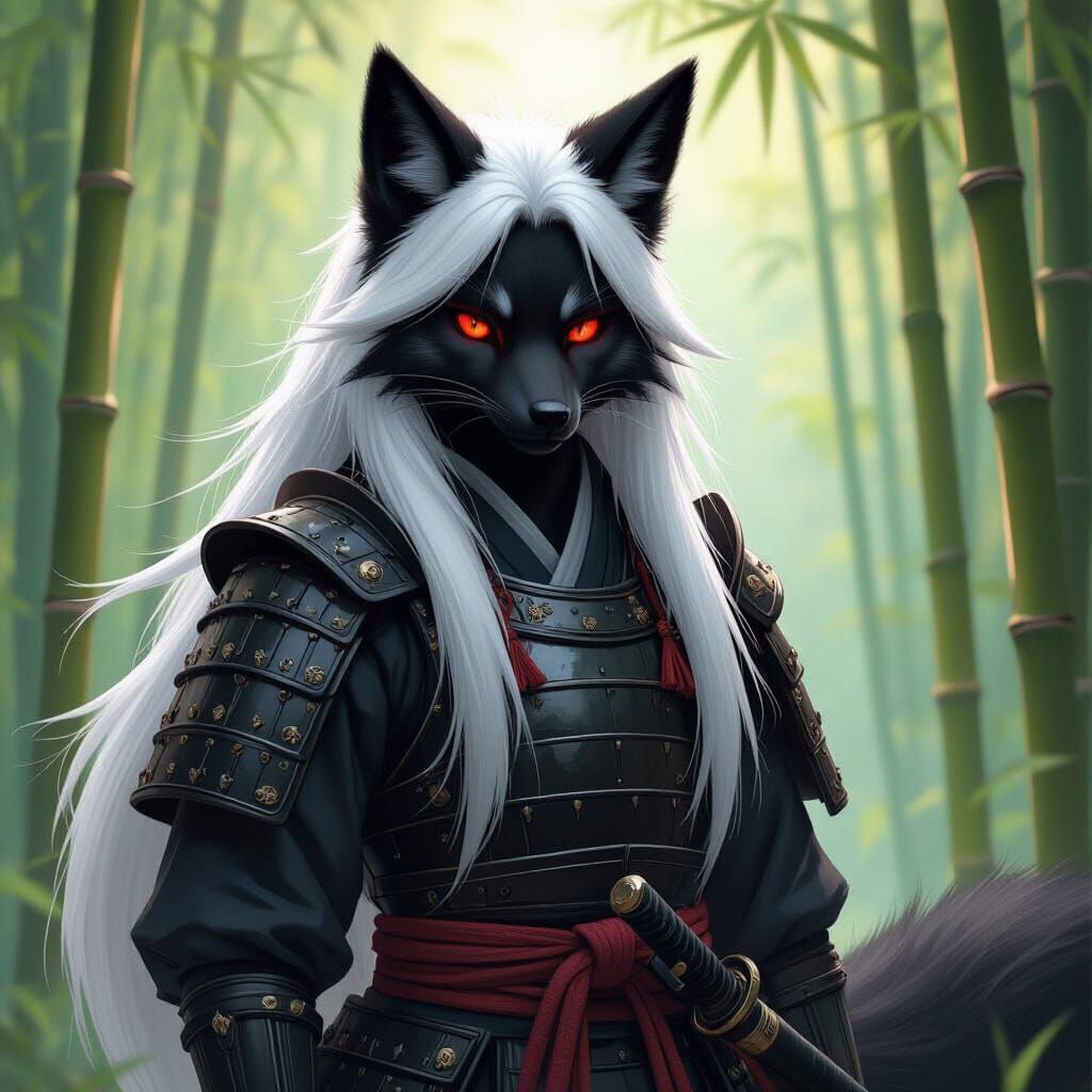 Black Kitsune Samurai in Bamboo Forest - Hyperrealistic Art