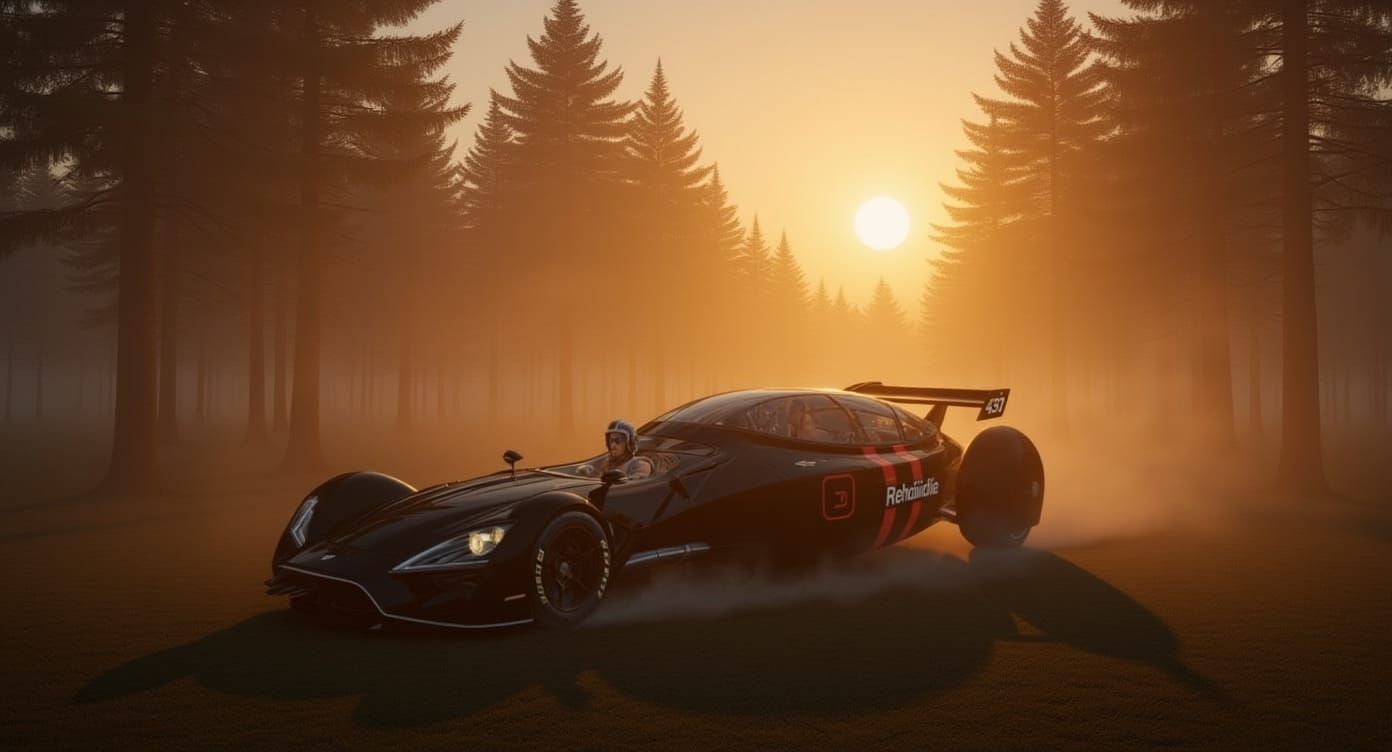 Futuristic Limousine Races Through Foggy Forest
