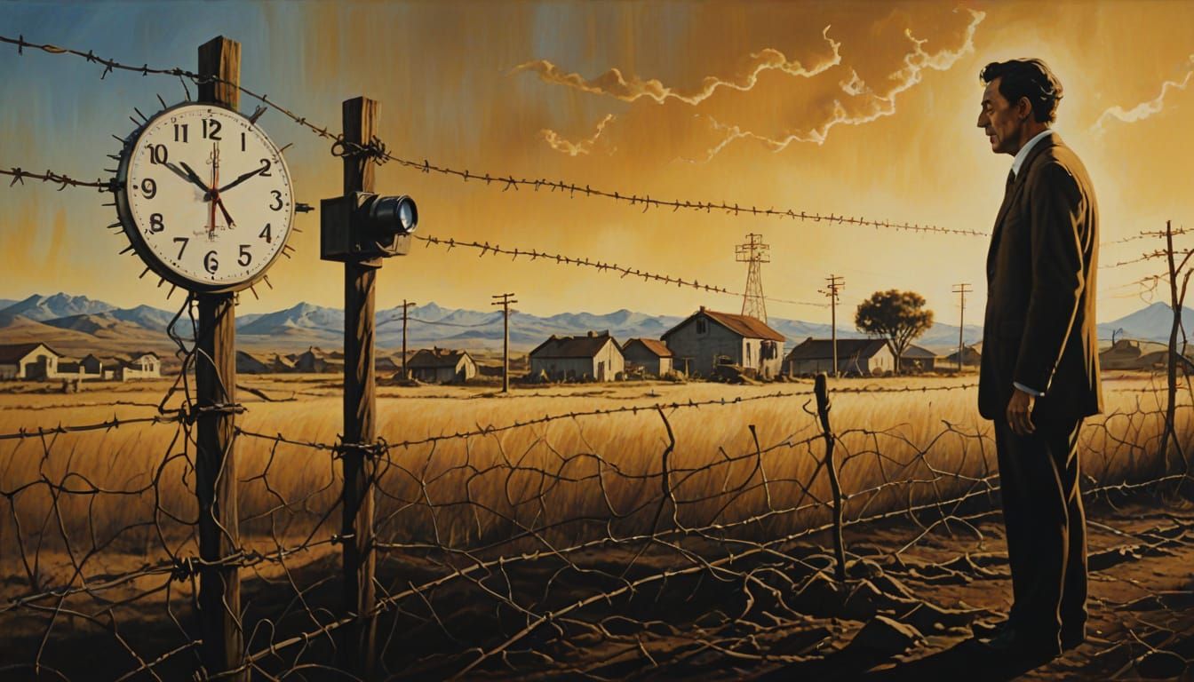 A Lonely Figure Behind Barbed Wire, Basking in Golden Light