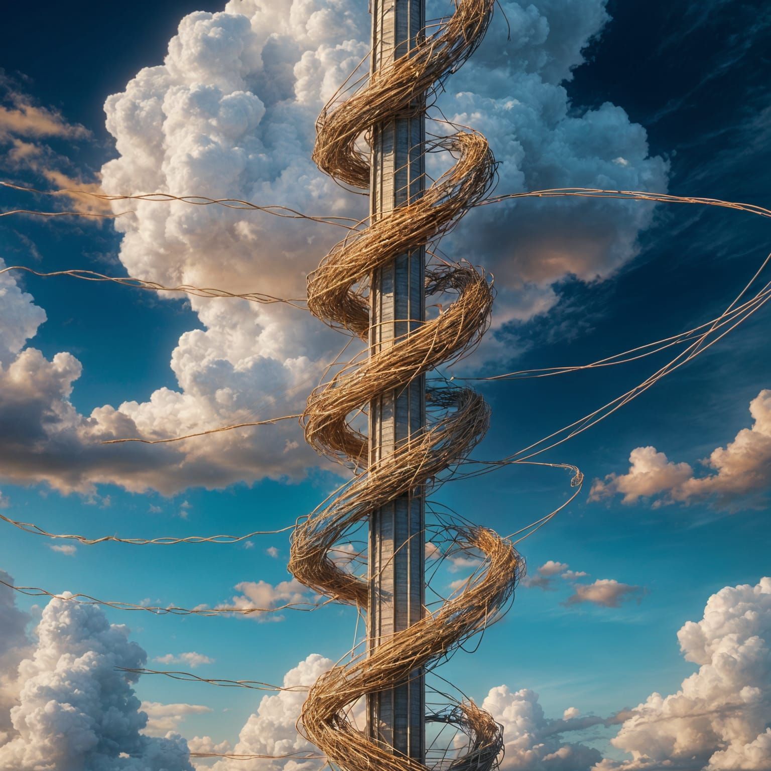 Tower of Twisted Wire Ascending Through Clouds