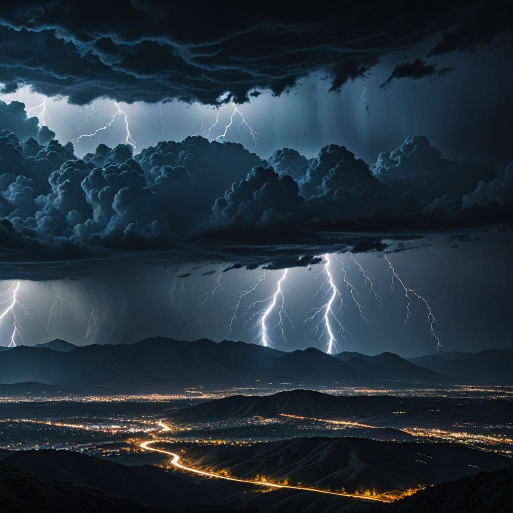 Dramatic Lightning Storm Over Mountain Range in Oil Painting...