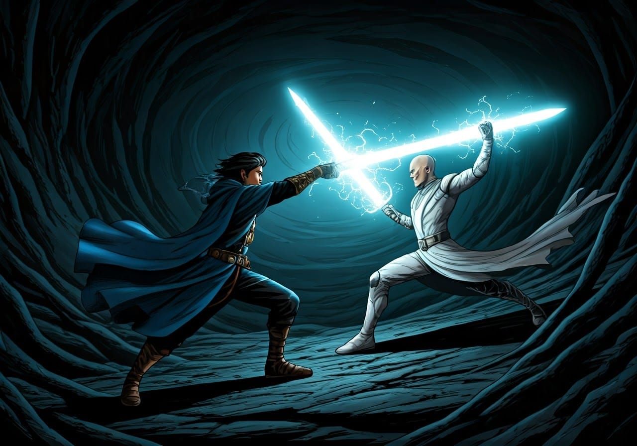 Epic Warrior Clash in Vibrant Stormlight Style