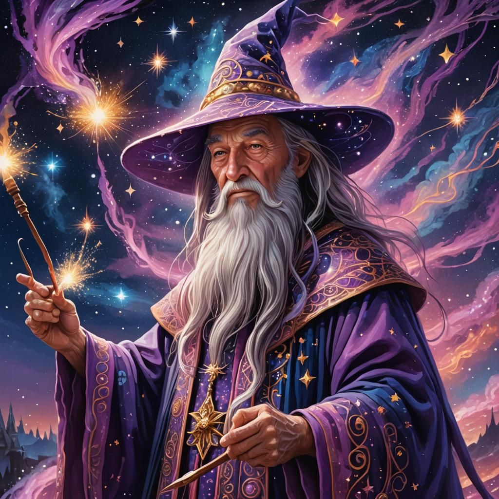 Surreal Wizard Creates Cosmic Art with Magic Brush