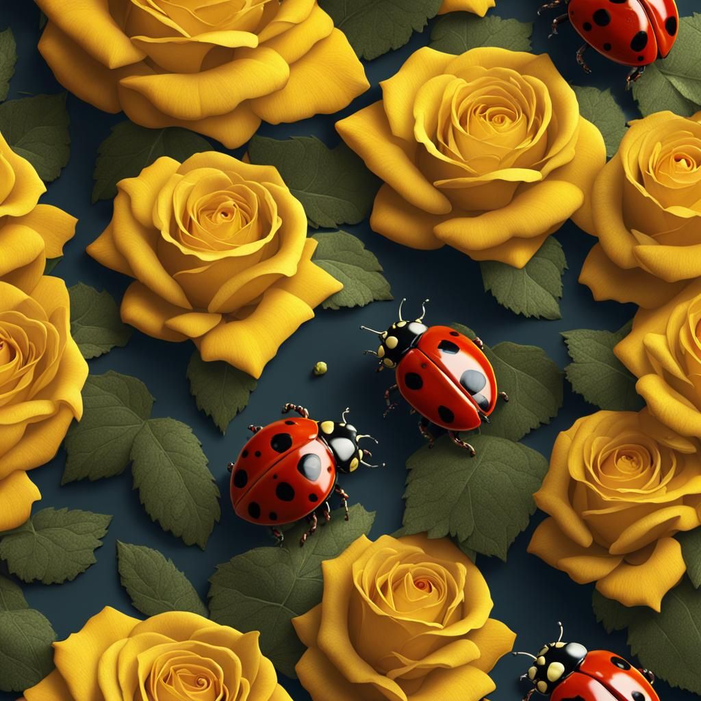 Ladybugs on Yellow Roses: Detailed Matte Painting