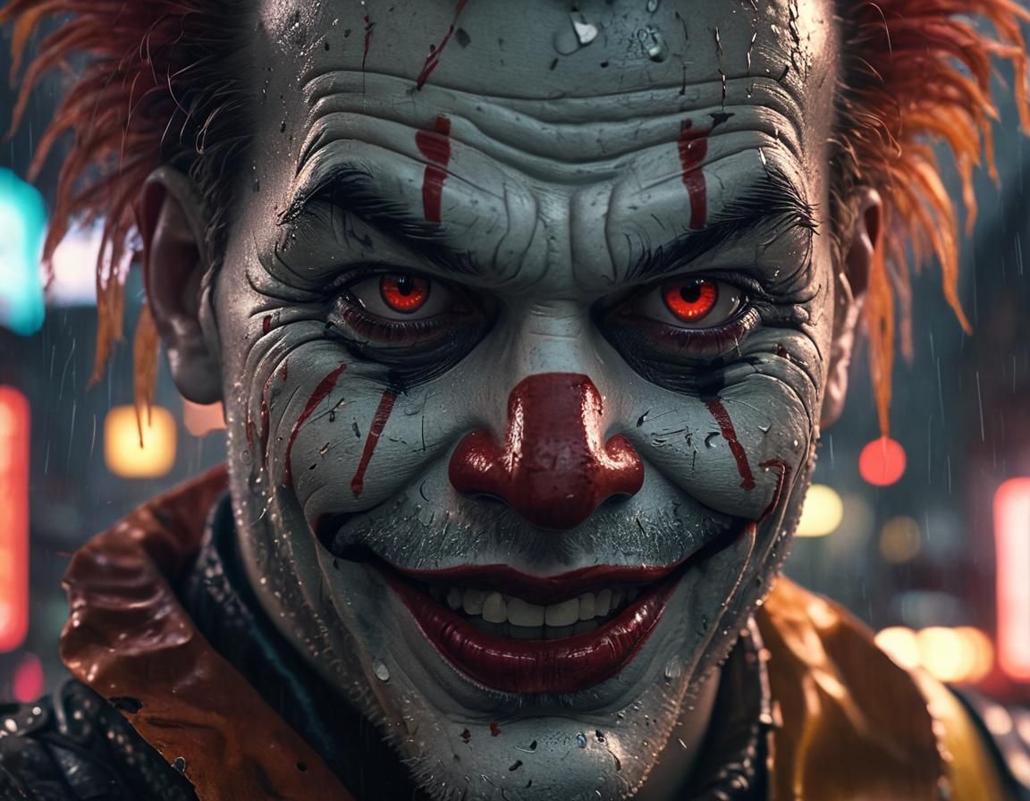 Scary Cyberpunk Clown with Glowing Red Eyes