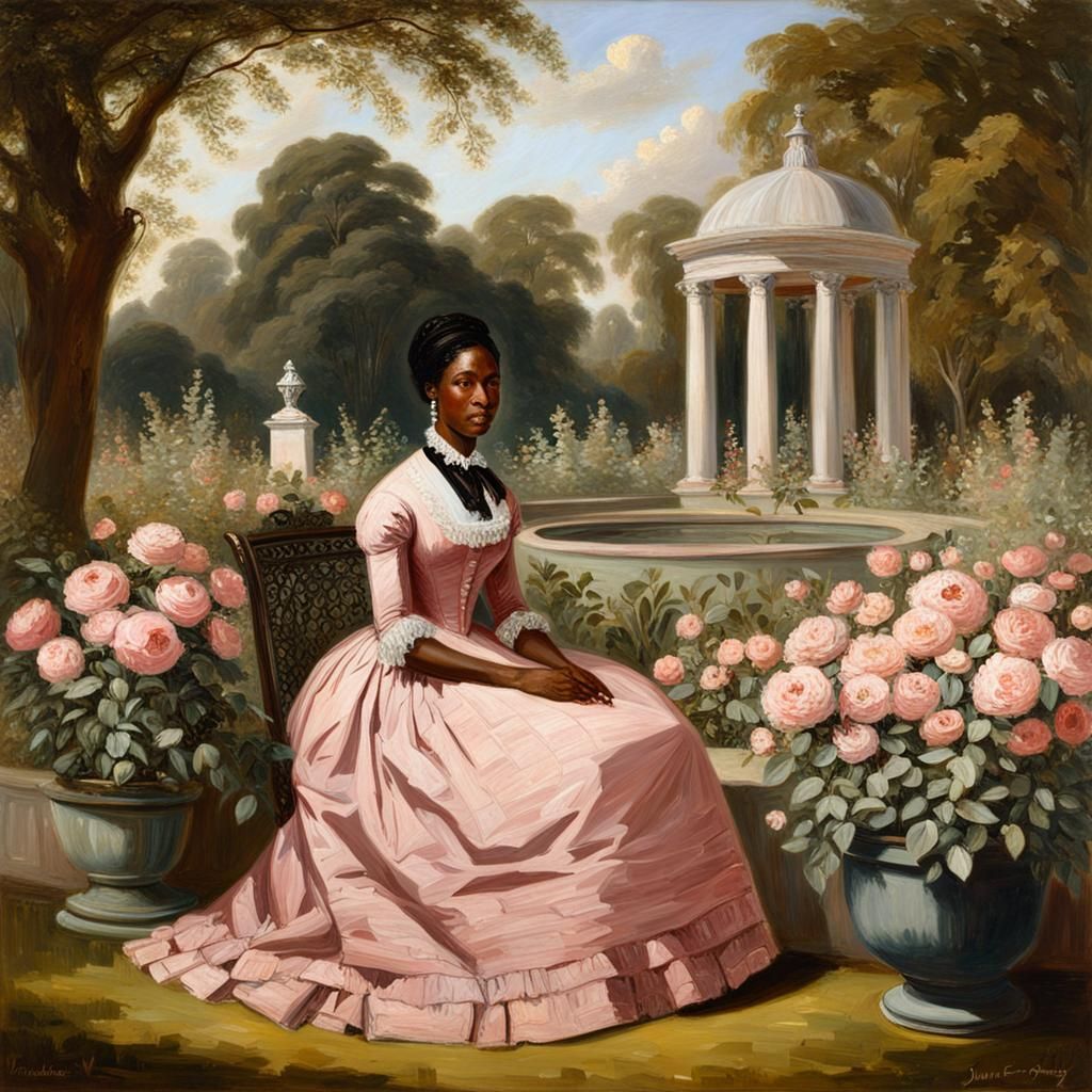 Sarah Forbes Bonetta seated with people in a British Regency-era garden. She wears a modest pink dress.