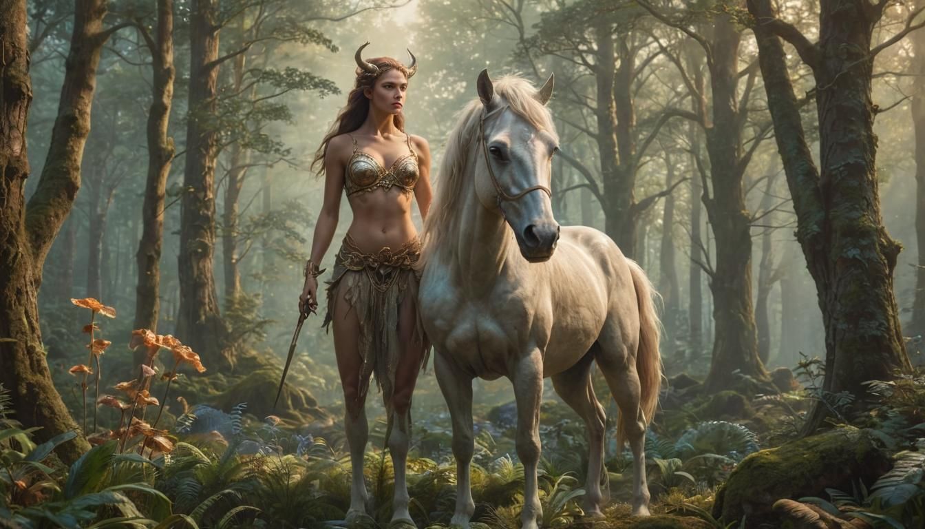 Female Centaur in Mystical Forest: Hyperrealistic Illustrati...