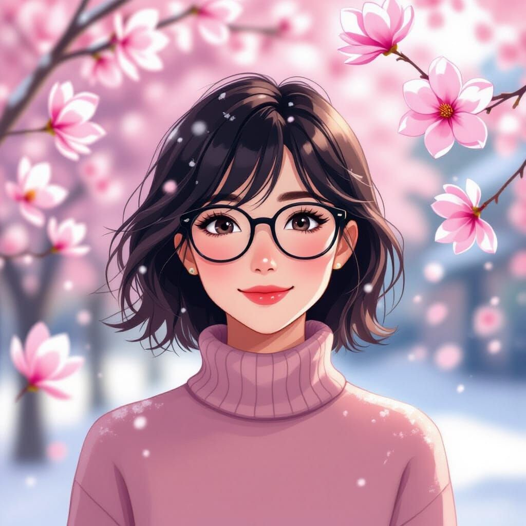 Young Woman with Blossoms in Anime Style