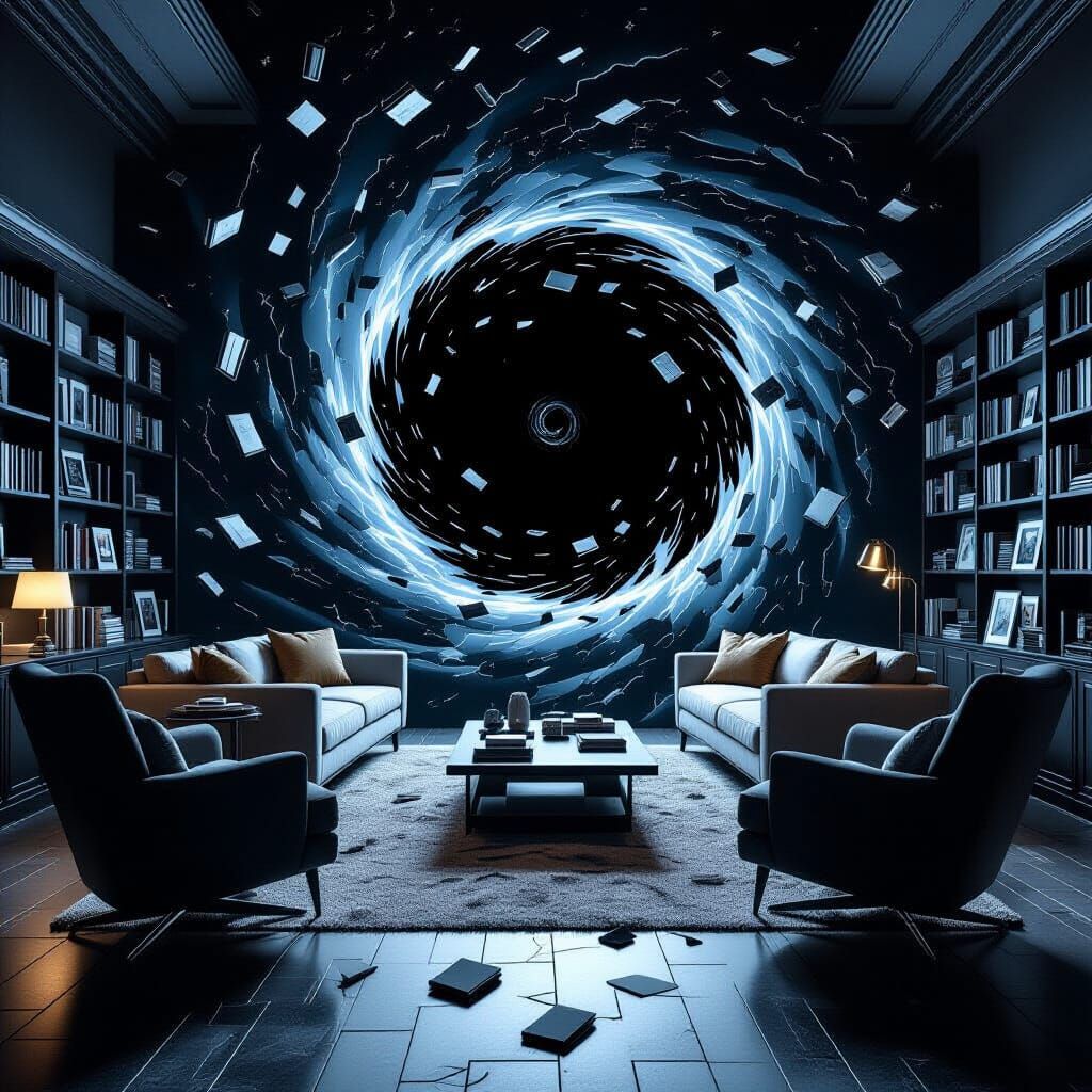 Surreal Black Hole Disrupts Modern Living Room