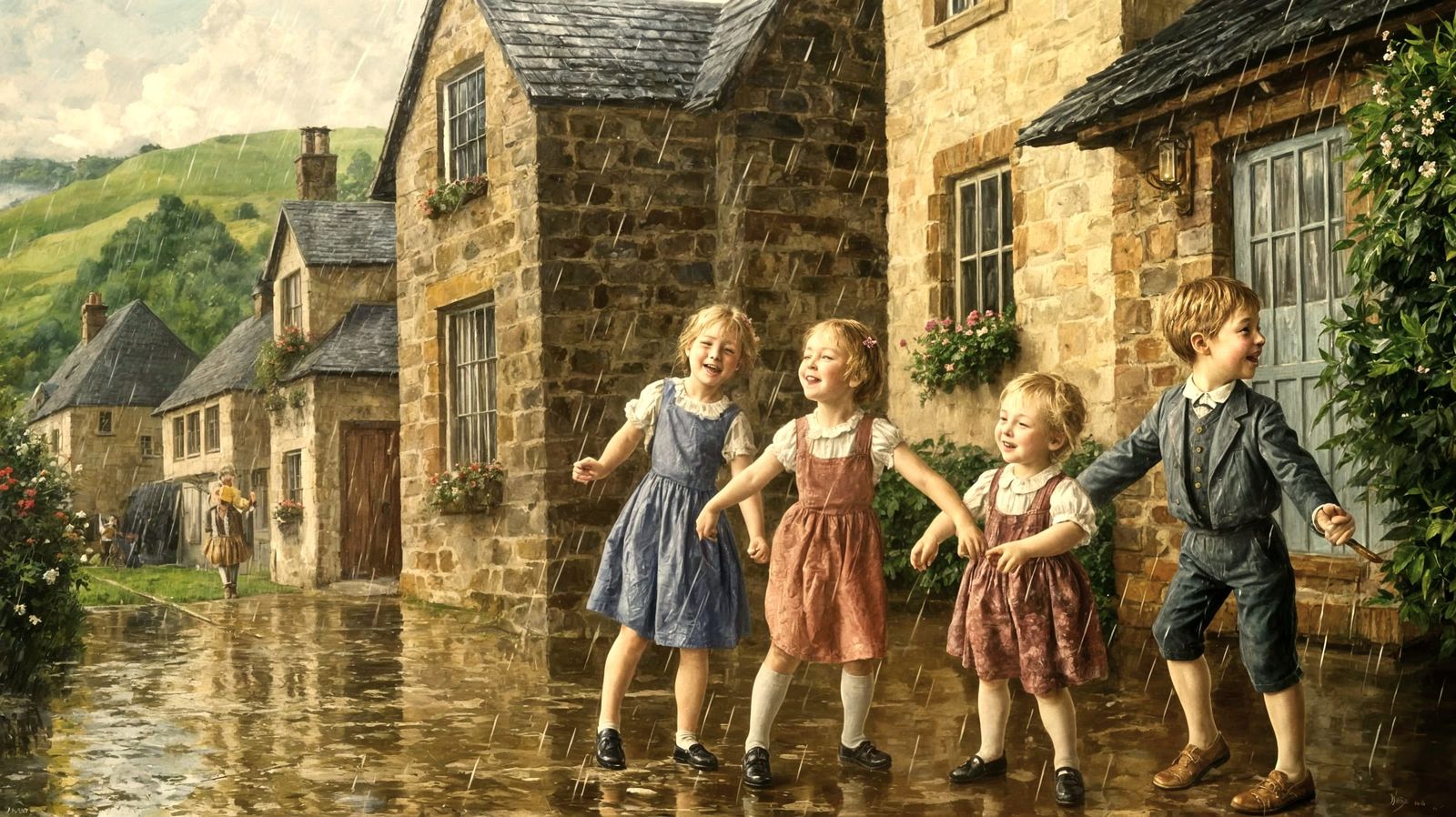 Joyful Children Dance in the Rain of a Quaint Welsh Village