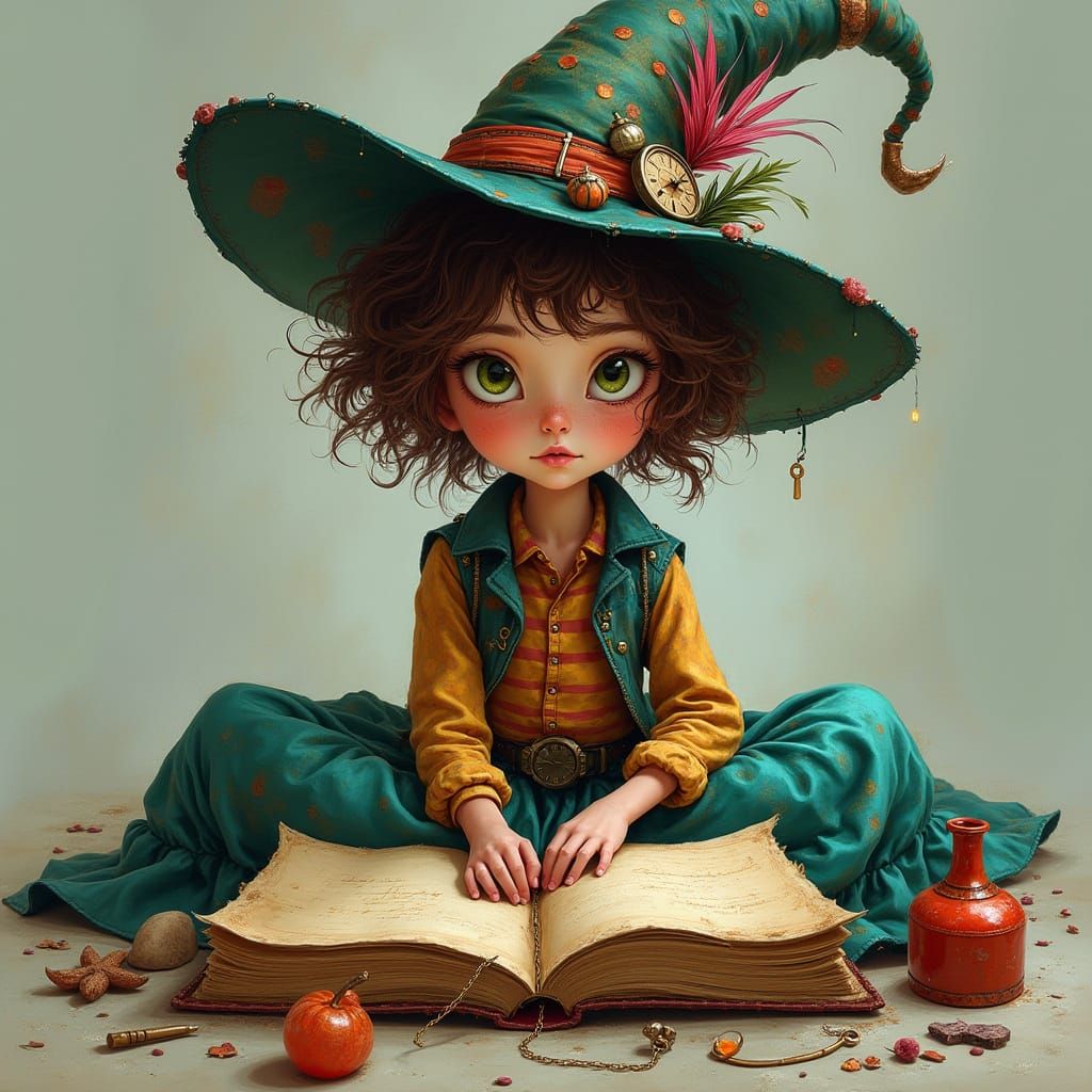 Whimsical Witch Girl in Vibrant, Eclectic Attire