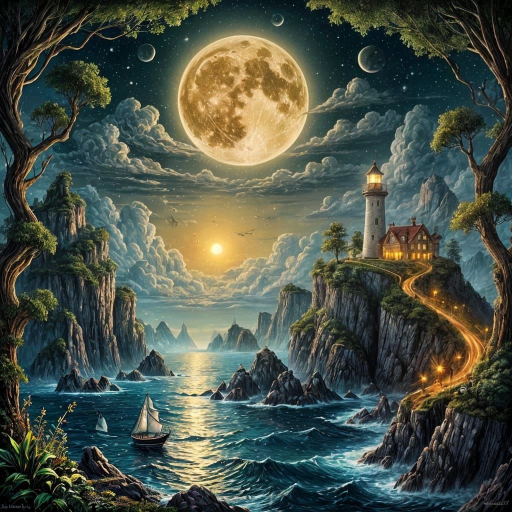 Fantasy Seascape with Lighthouse and Golden Moon