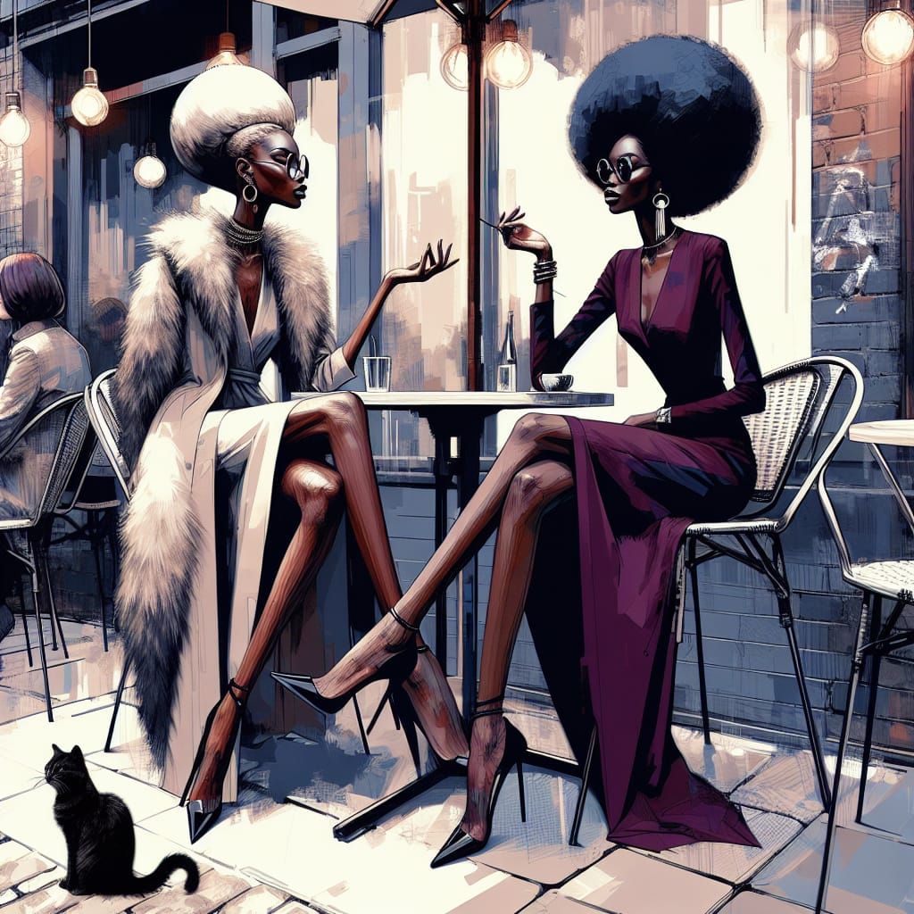 Elegant African American Women in Bauhaus Style Cafe