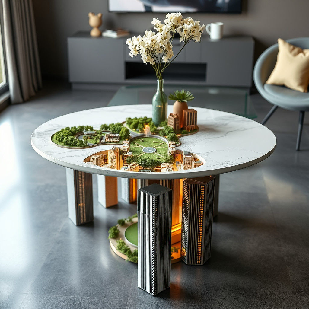 Modern Living Room Table with Upside-Down Cityscape